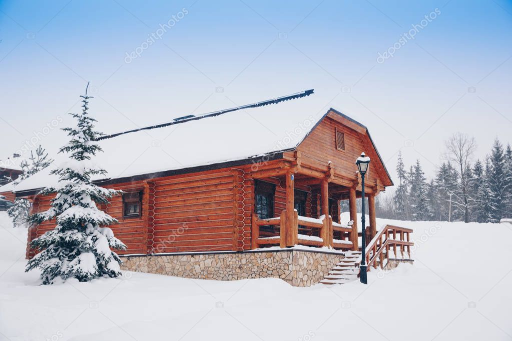 wooden house in the winter next to the winter forest