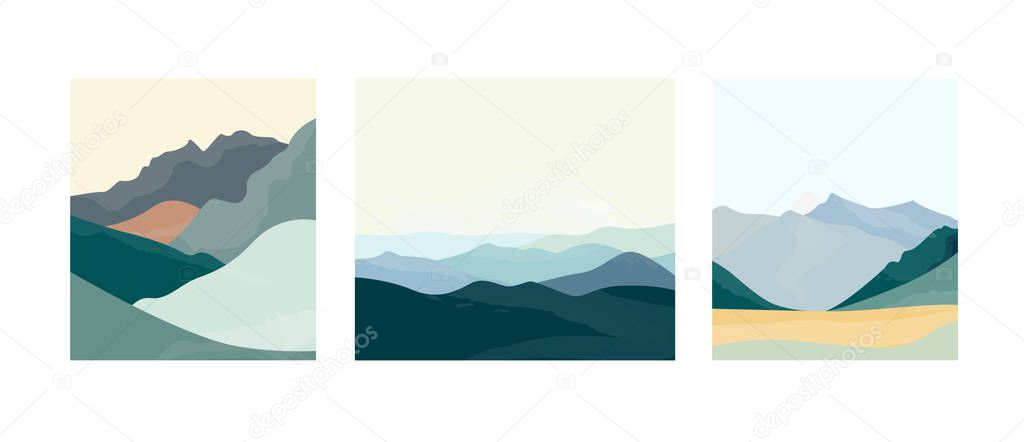 Three illustrations of different landscape scenes. Untouched pure vivid nature. Mountains and hills. Japanese style of drawing. Minimal vector design.