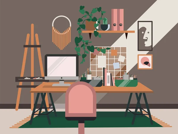 Travail Maison Bureau Domicile Espace Travail Artiste Indépendant Avec Ordinateur — Image vectorielle