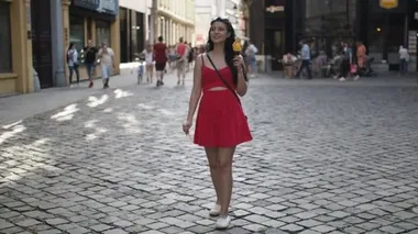 Kırmızı elbiseli genç güzel kadın, Bratislava şehrinin tarihi bir bölgesinde Slow Motion Hd Video 'da yürürken gülümsüyor ve dondurma yiyor. Yarı hız. 