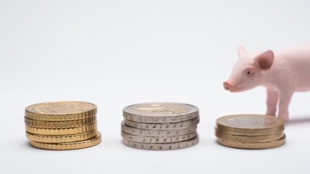 Petit cochon rose supervise la croissance des pièces en euros sur pile, qui sont en hausse sur fond blanc et montrant des affaires, épargne, croissance, concept économique. Stop motion 4K VIDEO 
