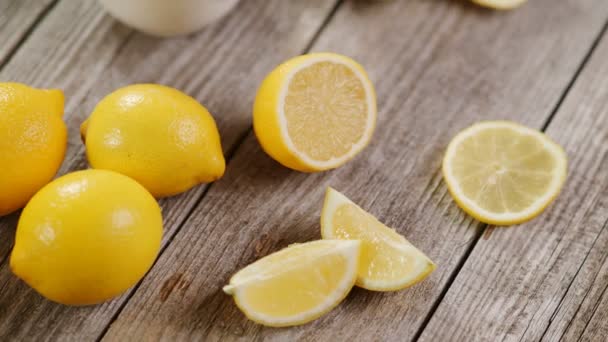 Cup Black Tea Lemon Slice Plenty Lemons Grey Wooden Table — Stock Video