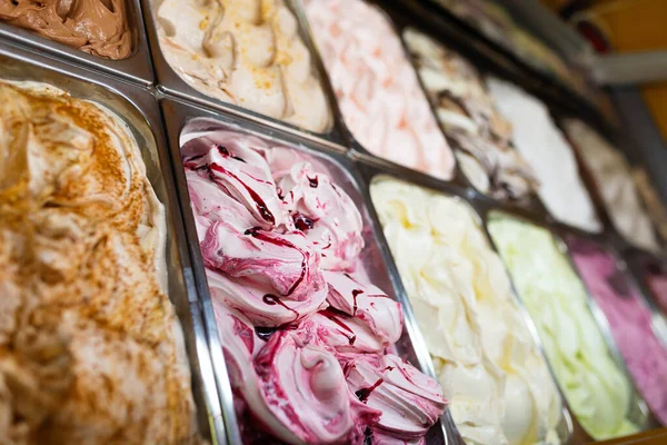 Various Gelato Store Window Multicolor Ice Cream Rack Snack Bar — Stock Photo, Image