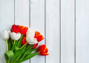 Bahar tatili geçmişi. Beyaz ahşap arka planda renkli lale çiçekleri. Sevgililer Günü, Kadınlar Günü ve Anneler Günü için fotokopi alanı olan tebrik kartı. Üst görünüm.