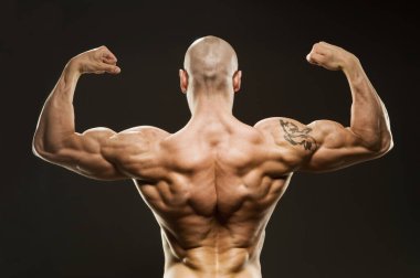 Vücut Geliştirici Pozisyonu - Arka Çift Pazılar. Güçlü, sağlıklı, formda, yakışıklı, kaslı, kaslı, kaslı, kaslı, kaslı, kaslı, kaslı, kaslı bir adam..