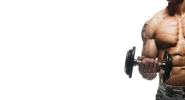 Крупный План Мужских Бицепсов Силового Фитнеса Мускулистый Бодибилдер Делает Упражнения — стоковое фото