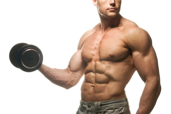 Close Power Fitness Man Biceps Muscular Bodybuilder Guy Doing Exercises — Stock Photo, Image