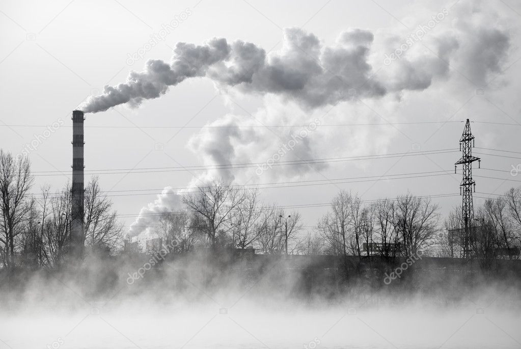 industrial landscape with   industrial pipes and smoke