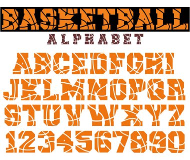 Basketbol vektör yazı tipi. Spor yazı tipi alfabe harfleri ve numaraları. Tişört için basketbol tasarımı.