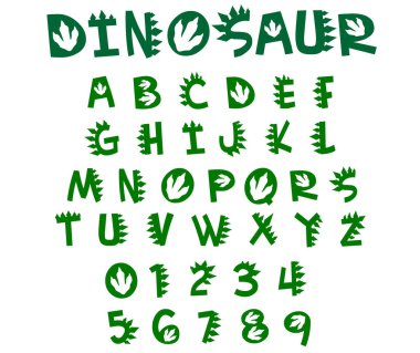 Dinosaur font vector. Green letters and numbers of prehistoric reptile. clipart