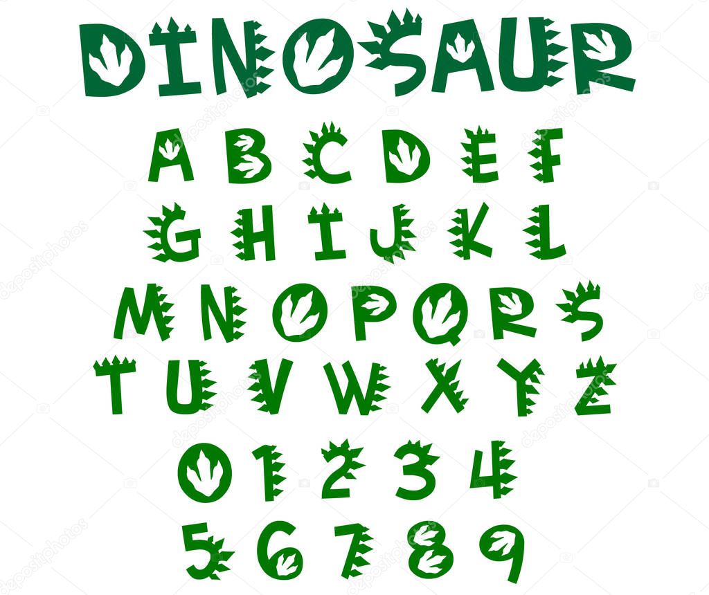 Dinosaur font vector. Green letters and numbers of prehistoric reptile.