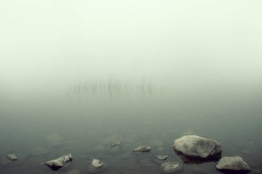 Su taşları ve sisli göl.