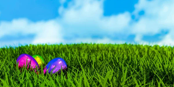 Chrome Color Easter Eggs Green Grass — Stock Photo, Image