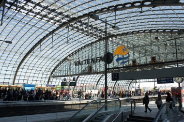 Central Railway Station, Berlin Germany. Elements of the interior of the central railway station. People inside the central train station.