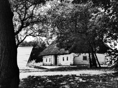 Eski Ukrayna köy evleri. Tipik kırsal mimari. Yaz manzarası. Tarihsel bir miras. Köy Pirogovo.