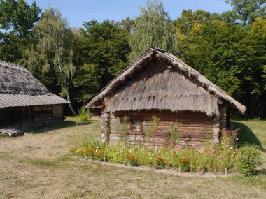 Eski Ukrayna köy evleri. Tipik kırsal mimari. Yaz manzarası. Tarihsel bir miras. Köy Pirogovo.