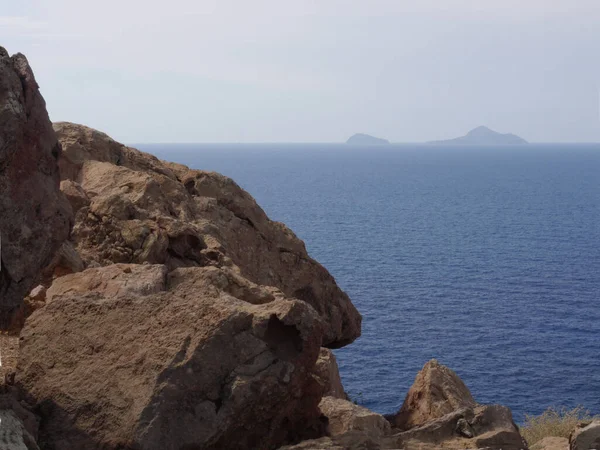 Blick Auf Die Caldera Die Berge Das Mittelmeer Und Die — Stockfoto