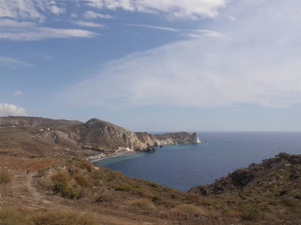 Kilátás Caldera Hegyek Földközi Tenger Város Fira Akrotiri Világító Santorini — Stock Fotó