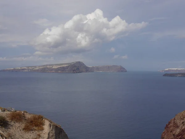 Uitzicht Caldera Bergen Middellandse Zee Stad Fira Vanaf Het Akrotiri — Stockfoto