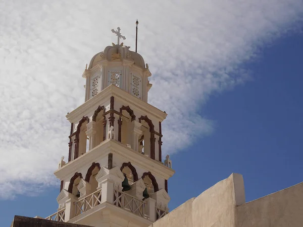 Temples and monasteries of the historical part of the Emporio, the largest village of Santorini island, Greece.