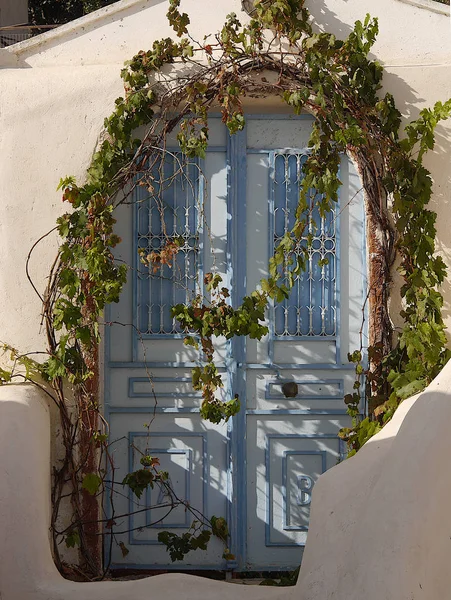 Ancient Entrance Doors Historic Houses Emporio Largest Village Santorini Island — стоковое фото