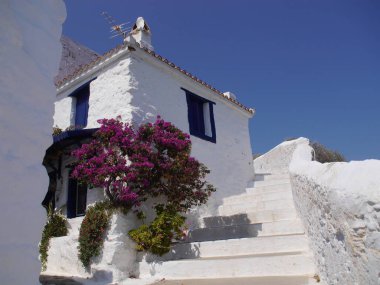 Yunanistan 'ın Olyelos Adası' nda geleneksel beyaz vintage evler. Eski şehrin sokaklarında yürüyün.