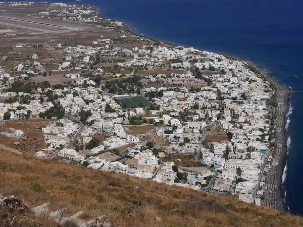 Kamari Village Aerial View Mesa Vouno Mountain Santorini Island Greece — Stock Photo, Image