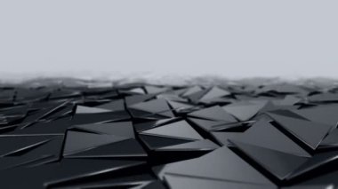 Siyah zemin üzerindeki camdan pürüzsüz çokgen yüzey sallayan gri renkli animasyon ile soyut arkaplan, pürüzsüz döngünün animasyonu 