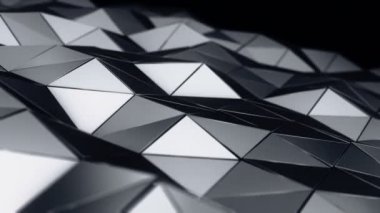 Siyah zemin üzerindeki camdan pürüzsüz çokgen yüzey sallayan gri renkli animasyon ile soyut arkaplan, pürüzsüz döngünün animasyonu 