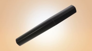 Turuncu arka planda siyah şişede açma ve döndürme rimelinin animasyonu, pürüzsüz döngünün animasyonu.