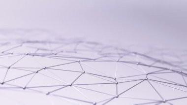 Soyut geometrik çokgen şeklin mor arkaplan üzerindeki nokta ve çizgilerle canlandırılması, dalga ve titreşen ağ yüzeyi kavramı