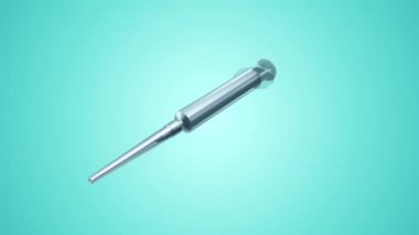 Uçan plastik şırınganın gök mavisi arka planda faaliyet göstermesi, pürüzsüz döngünün animasyonu 