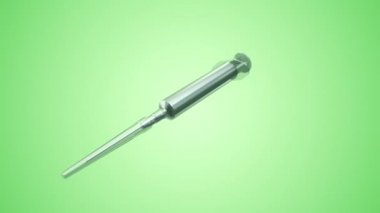 Yeşil arka planda uçan plastik şırınganın animasyonu, kusursuz döngünün animasyonu 