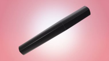 Kırmızı arka planda siyah şişede açma ve döndürme rimelinin animasyonu, pürüzsüz döngünün animasyonu.