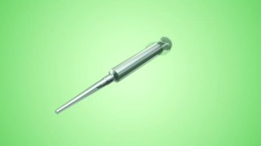 Yeşil arka planda uçan plastik şırınganın animasyonu, kusursuz döngünün animasyonu 