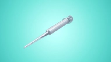 Uçan plastik şırınganın gök mavisi arka planda faaliyet göstermesi, pürüzsüz döngünün animasyonu 