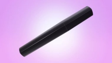 Mor arkaplandaki siyah şişede açma ve döndürme rimelinin animasyonu, pürüzsüz döngünün animasyonu.