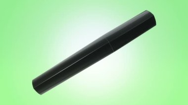 Yeşil arka planda siyah şişede maskara açıp döndürmenin animasyonu, pürüzsüz döngünün animasyonu.