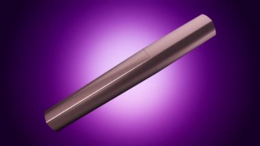 Mor arka planda bronz bir şişede rimel açıp döndürme animasyonu, pürüzsüz bir döngünün animasyonu.