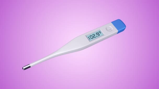 紫色の背景に可変温度のデジタル医療用温度計のアニメーション シームレスループのアニメーション — ストック動画
