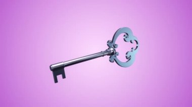 Pembe arka plandaki yeni evden uçan gümüş anahtarın animasyonu, pürüzsüz döngünün animasyonu.