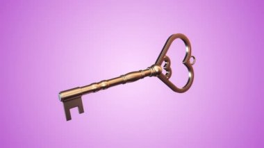 Mor arka planda yeni evden uçan altın anahtarın animasyonu, kusursuz döngünün animasyonu.