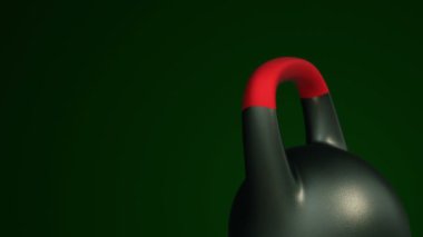 Koyu yeşil arka planda dönen kettlebell animasyonu, fitness ve atletizm kavramı. Kusursuz döngünün animasyonu