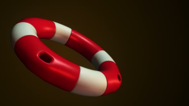 Animation Slow Rotation White Red Lifebuoy Ring Dark Background Animation — Stock Video