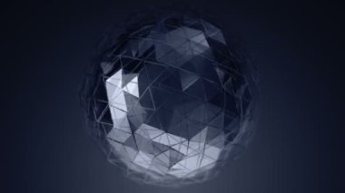 Abstract background with dark grey animation of rotating glass sphere with smooth polygonal surface,  Animation of seamless loop.