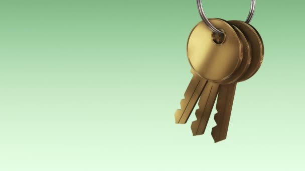 Yeşil Arka Plandaki Yeni Evimizden Gelen Altın Anahtarlarla Metalik Halka — Stok video