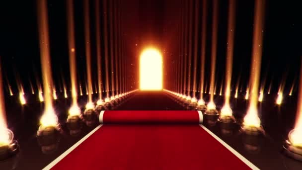 Абстрактна Анімація Повільного Ходу Червоному Килимі Лампочками Проекторів Глянцевій Підлозі — стокове відео
