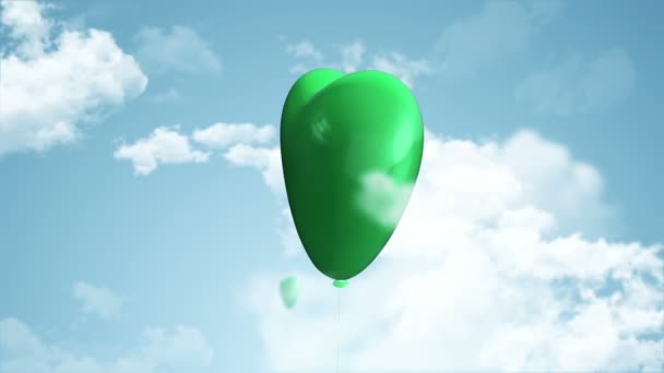 Animatie Vliegen Van Harten Vormige Groene Helium Ballonnen Bewolkte Lucht — Stockvideo