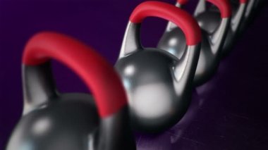 Koyu mor arka planda kettlebell animasyonu, spor ve spor konsepti. Kusursuz döngünün animasyonu