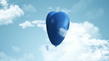 Kalplerin uçuşuyla oluşan animasyon bulutlu gökyüzünde mavi helyum balonları, kusursuz döngünün animasyonu